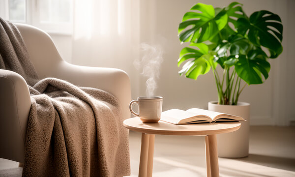 Cozy armchair with steaming coffee cup, open book, and plant in a sunlit home.