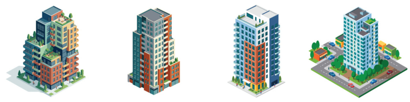 Collection of modern isometric urban buildings and skyscrapers from a city skyline
