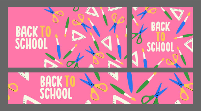 Back to School Banner Template Set in Multiple Formats with Scissors, Paintbrushes and Set Squares Scattered on Bright Pink Background. Bold Flat Vector Design for Social Media, Web, Event Promotion