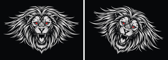 Stylized lion head illustrations with intricate mane details and red eyes on black background for decorative and artistic design © Hadiul