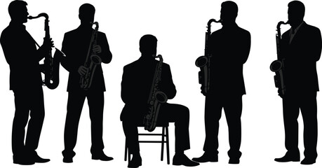 Silhouette of saxophone quintet musicians performing together with seated central figure and standing players in artistic ensemble © Hadiul