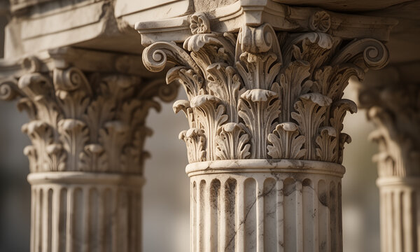 Close-up of ornate ancient Greek Corinthian marble columns in soft sunlight