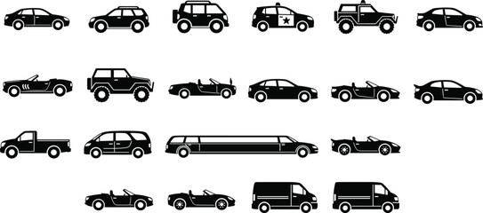 Vehicle silhouette icons, car collection graphic, sedan SUV truck design, limousine sports car artwork, transportation symbol illustration, automotive vector set © Hadiul