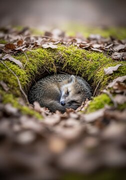 A small wild animal is deeply asleep, curled into a tight ball within dry leaves and moss inside a protective burrow during the cold winter, critter, preparation, survival