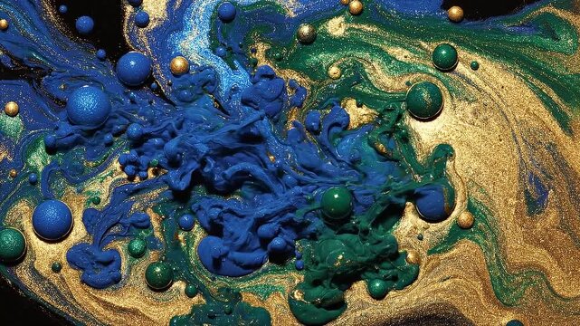 Vibrant Abstract Macro Shot of Swirling Blue Green and Gold Liquids with Spherical Bubbles and Droplets Creating a Rich Textured Pattern with Metallic Sheen and Glossy Surfaces Keywords: abstract