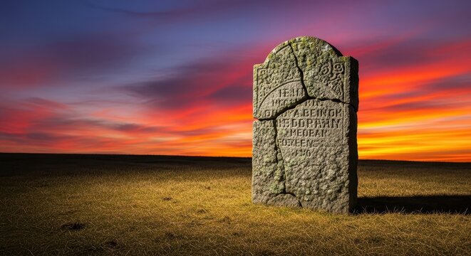 Ancient, weathered granite tombstone standing solitary in a field of faded grass, showing signs of heavy aging and natural decay, textured, plot, sadness