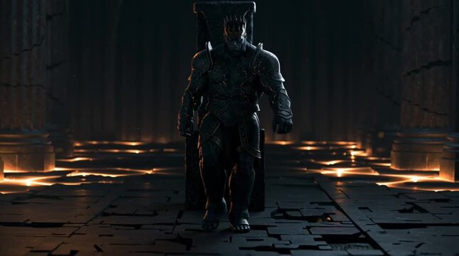 Pluto seated alone on a massive obsidian throne inside an endless underworld chamber carved from volcanic rock and Roman stone, lit by molten lava, dark crown and basalt armor, cinematic, high-detail.