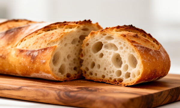 Freshly Baked Sourdough Bread Loaf Sliced on Wooden Cutting Board, Close Up