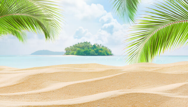 Tropical island paradise with sandy beach and palm trees, idyllic vacation destination