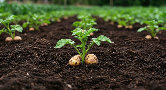 Healthy potato plants earthed up with rich, dark organic compost using sustainable no dig methods in a home vegetable garden plot, natural, ground, conventional