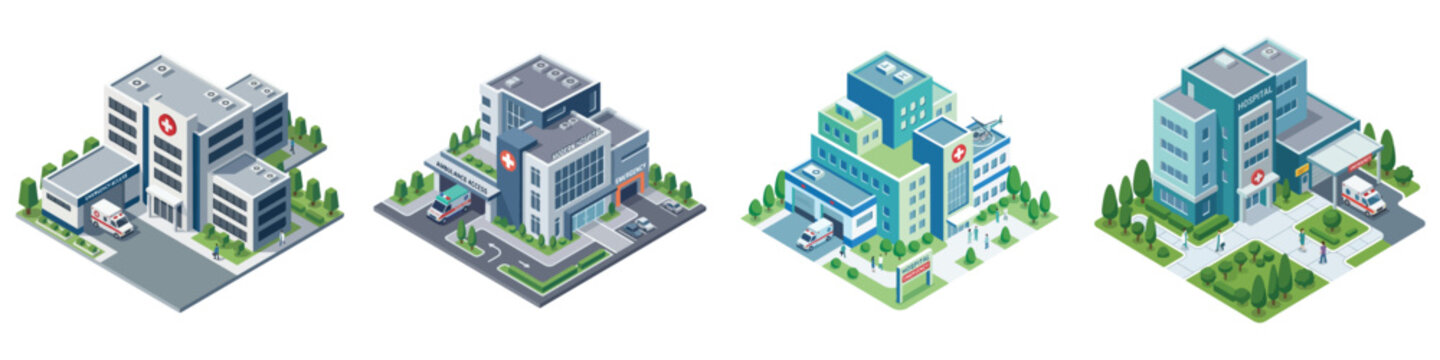 Isometric representation of modern hospitals and medical facilities in a city setting