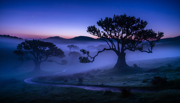 Misty blue twilight landscape with silhouetted ancient trees and a winding road