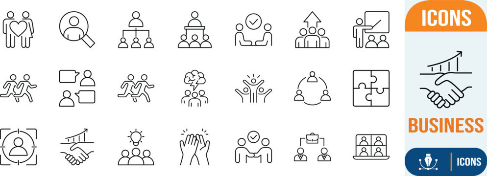 Business teamwork and people icons. people icon set, handshake icon set, puzzle icon set