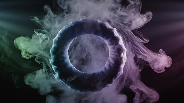 A swirling cloud of white smoke forming a circular vortex shape with wisps of smoke trailing outwards against a dark background Keywords: smoke, vapor, cloud, vortex, swirl, circular, abstract