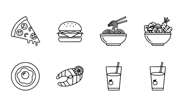 Restaurant food line icons set pizza pasta burger salad breakfast menu vector outline