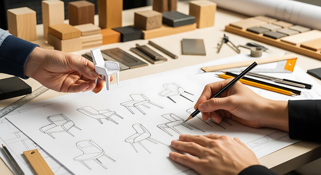 Architects designing chair models with sketches and miniature prototypes on a desk