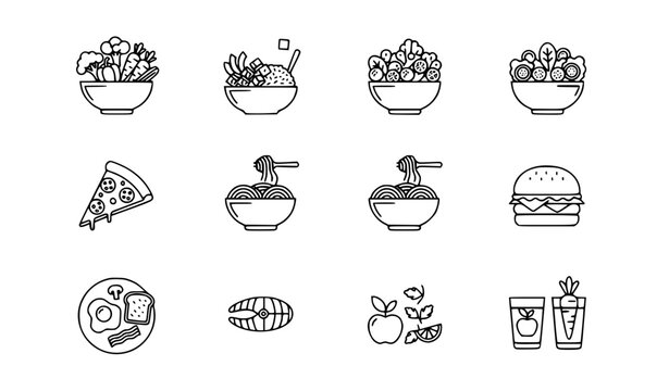 Food line icons set healthy meals fast food breakfast salad pizza burger vector outline