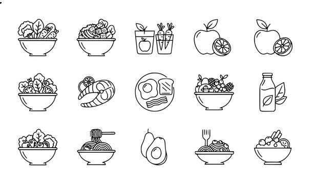 Healthy food line icons set salad poke bowl juice breakfast nutrition vector outline