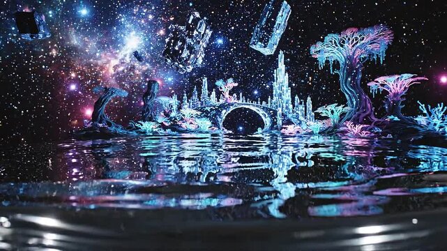 A miniature fantastical alien cityscape with glowing neon trees and crystalline structures inside a glass sphere reflecting a vibrant colorful galaxy with stars and nebulae