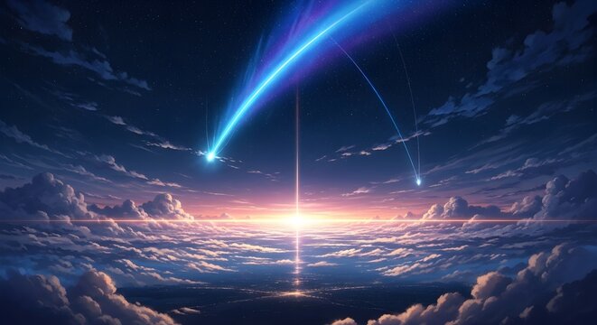 Anime style night scene with comet light above clouds at sunset wallpaper background