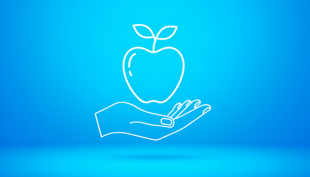 Hand holding a delicate white outline of an apple with leaves on blue background