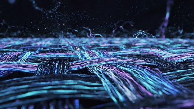 Abstract visualization of microscopic fibers or threads interwoven with glowing particles and energetic bursts of light in vibrant blue and purple hues against a dark, cosmic background, suggesting