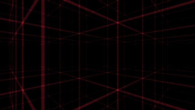 Flying through a neon grid labyrinth. Futuristic glowing red square grid pattern in 3D. Cyberpunk retro style 80s and 90s VR games in a tunnel. An endless portal in space. Seamless loop animation 4k