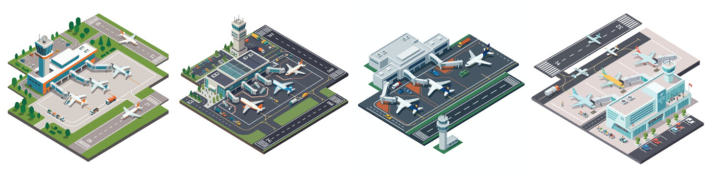 Isometric vector illustration set depicting modern airport terminals, runways, and parked airplanes, showcasing aviation infrastructure and global travel concepts