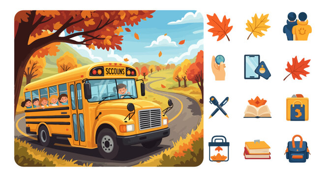 Yellow school bus driving on a winding road in autumn.