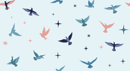 Fototapeta premium Beautiful seamless pattern featuring colorful silhouettes of birds flying among various star shapes in a light blue sky.