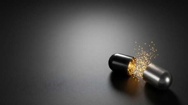 Futuristic pharmaceutical capsule pill splitting open and releasing glowing golden particles with copy-space.