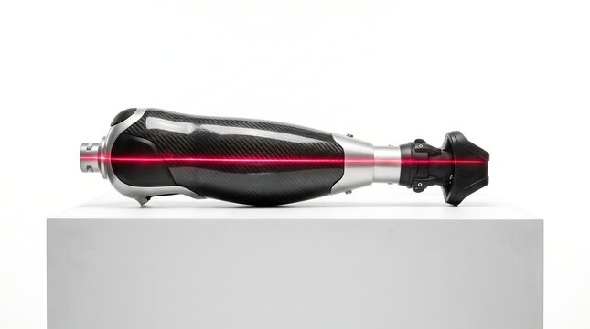 Modern unbranded bionic prosthetic leg asset resting on a white platform with a neon red laser scanning line.