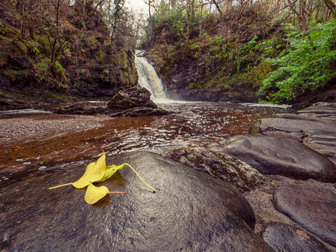 Tourmakeady waterfall in county Mayo, Ireland. Amazing Irish nature scene. Tourist attraction and park landmark. Mossy stones line a winding stream. Water cascades over dark, rugged rocks.