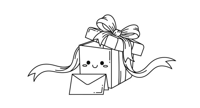 Cute gift box with smiling face and letter.
