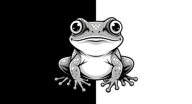 A cartoon frog sitting on a black and white background.