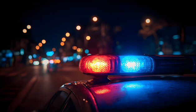 Police car roof with blue and red emergency lights flashing at night