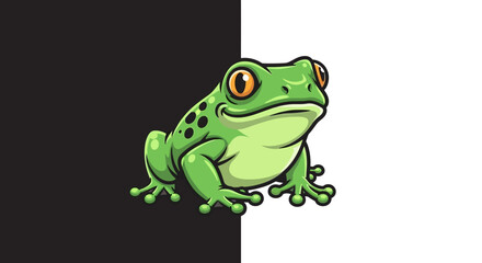 Fototapeta premium A cartoon green frog sitting on black and white background.