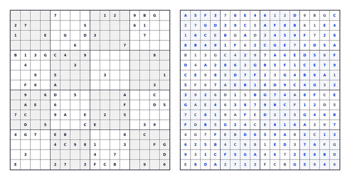 Expert 16x16 Sudoku blue answer key with digits and letters. White background black grid
