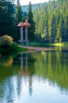 landscape with mountain lake of synevyr national park. green carpathian nature scenery in summer. coniferous forest reflection on the water. popular travel destination of ukraine in the afternoon