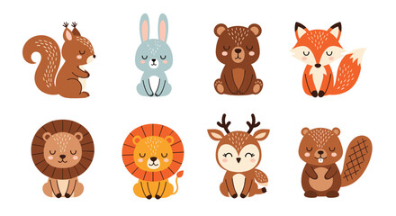 Obraz premium Collection of eight adorable cartoon baby animals including a fox, bear, lion, and deer provides a sweet theme for nursery decor or kids projects.