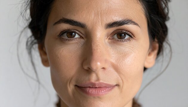 Close-up of a fair-skinned woman with dark eyes, visible lines around the eyes, and a slight smile. Hair is pulled back