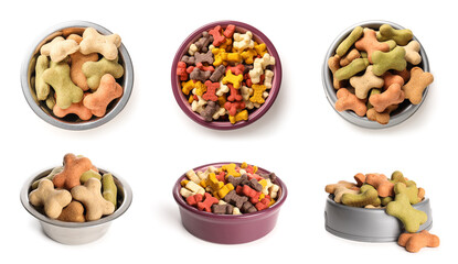 Naklejka premium Collage of bowls with dog biscuits in shape of bone isolated on white