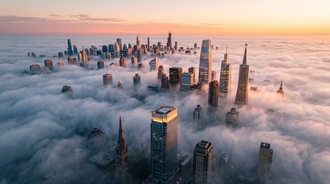 Aerial View of a Futuristic Cityscape Rising Above a Dense Layer of Clouds During Golden Hour Sunset