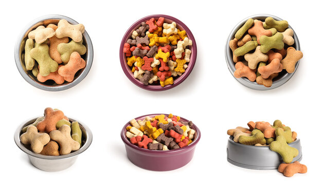 Collage of bowls with dog biscuits in shape of bone isolated on white