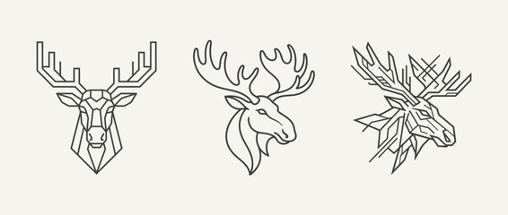 Fototapeta premium Geometric deer and moose heads line art minimalist wildlife illustrations