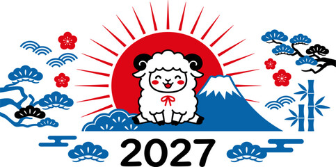 Fototapeta premium Japanese New Year 2027 Vector Illustration with Cute Ram Mascot Character Beside Mount Fuji Red Rising Sun Pine Trees and Bamboo for Traditional Holiday Designs