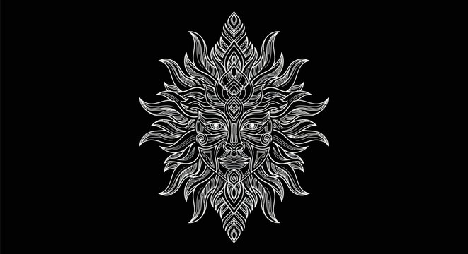 Intricate sun face illustration on black background