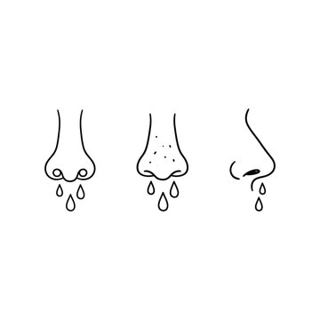 Runny nose outline icons set of human nose with mucus drops for flu and allergy editable vector solid illustration