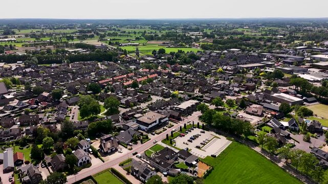 Aerial flight over a residential district in a dutch town