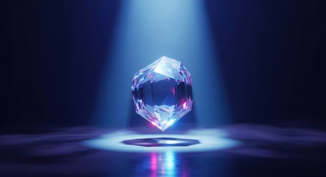 Dramatic blue and purple light beams focus intensely on a floating crystalline artifact on a dark, foggy stage floor, dark, focus, foggy